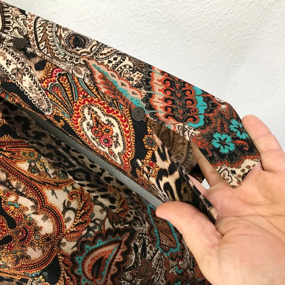 Chicos 0 Shift Dress Women S Multicolor Paisley Leopard Split Button Sleeve Boho